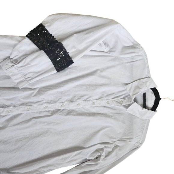 SIMON CHANG POP CRISP WHITE BUTTON DOWN SHIRT W/ BLACK SEQUINS SIZE LARGE - Picture 4 of 4